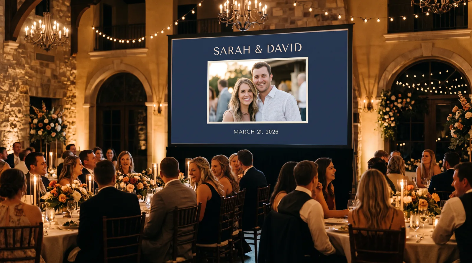 A guest photo on a big-screen slideshow wrapped in a custom frame showing the event name and date along the border.